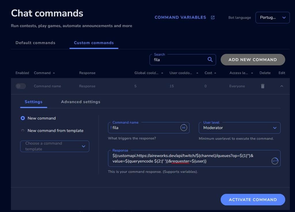 Exemplo de comando !fila no StreamElements